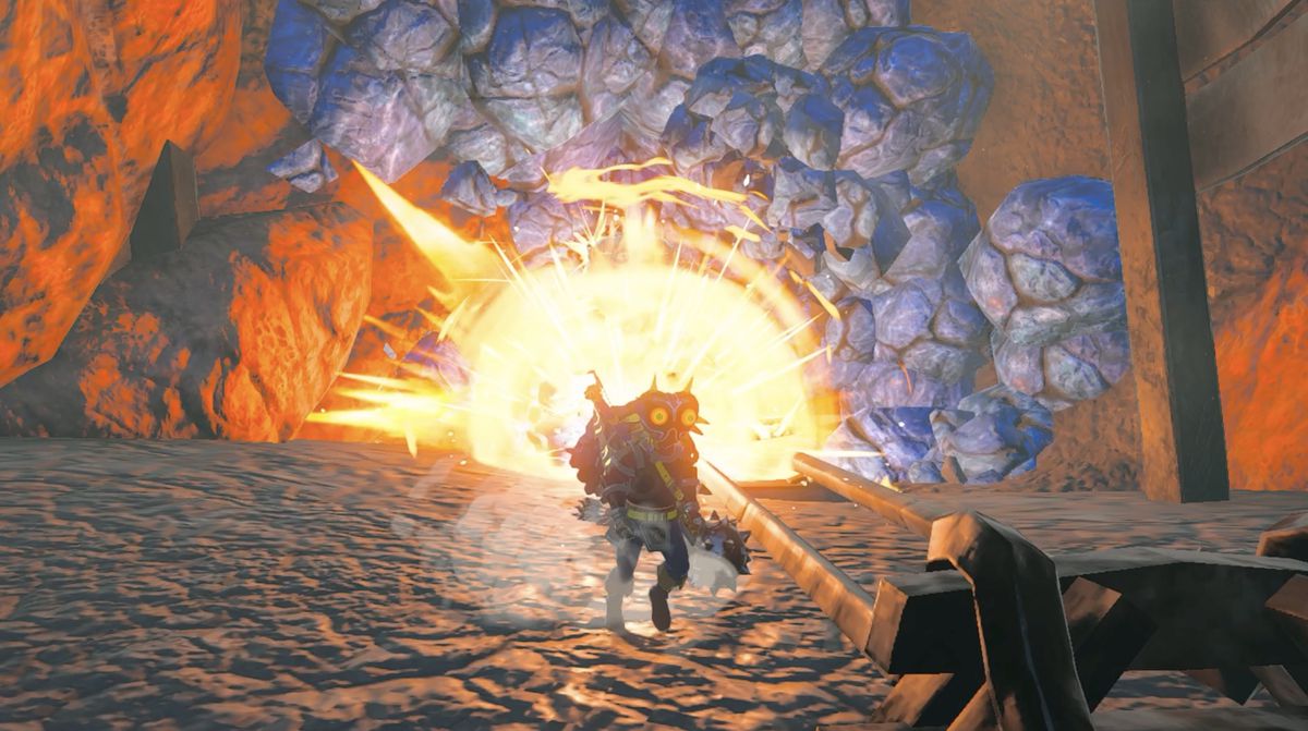 Link evoca Vow of Yunobo, Sage of Fire per far saltare in aria alcune rocce in Zelda: Tears of the Kingdom