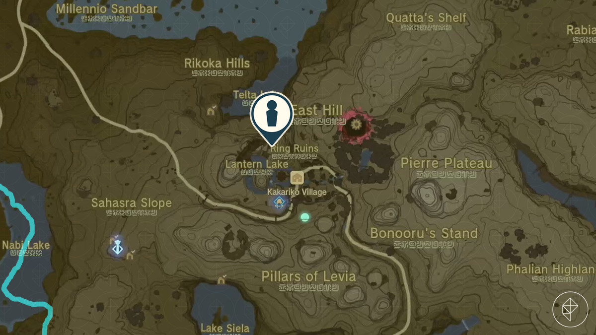 Una mappa in The Legend of Zelda: Tears of the Kingdom mostra la posizione di un campeggio di indagine.  C'è un indicatore a nord-ovest del villaggio di Kakariko che mostra dove si trova il proprietario dell'hotel.