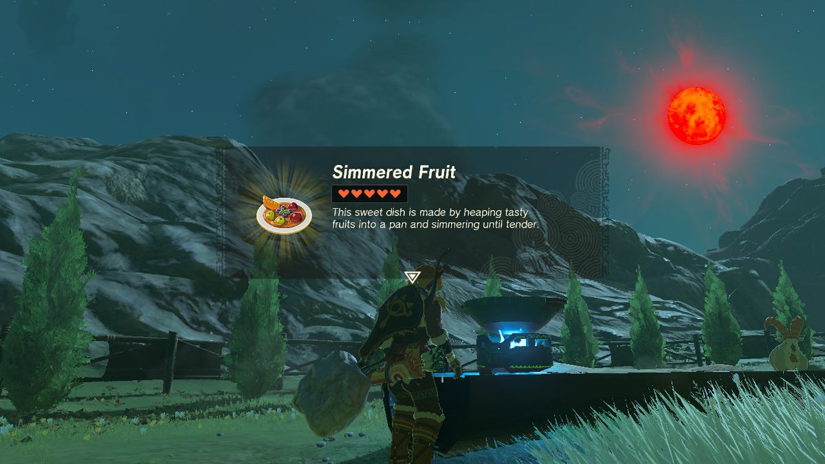 Link non cucina cinque mele durante una Blood Moon in Zelda Tears of the Kingdom.