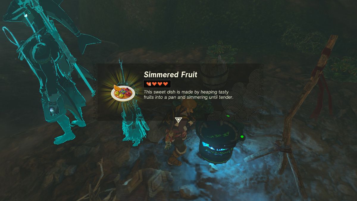 Link cucina cinque mele durante una Luna di sangue in Zelda Tears of the Kingdom.