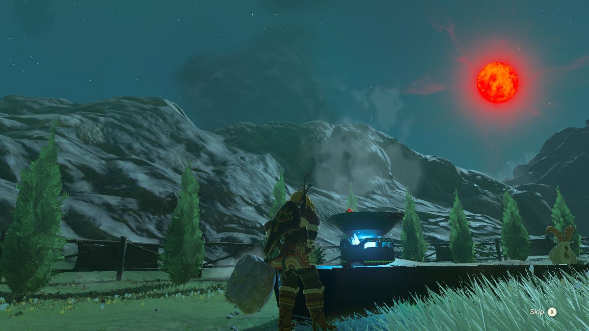 Link cucina il cibo durante la Luna di sangue in Zelda Tears of the Kingdom.