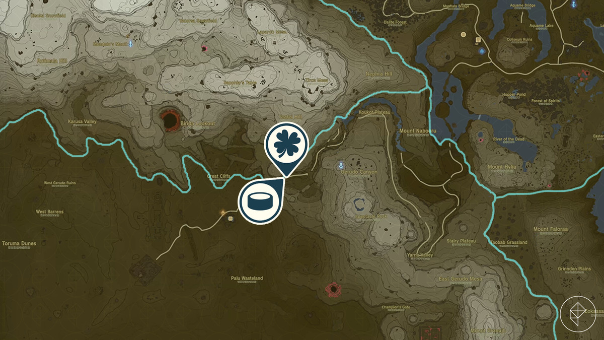 Mappa di The Legend of Zelda: Tears of the Kingdom che mostra la posizione della scuderia di Gerudo Canyon // Avventura secondaria The Blocked Well