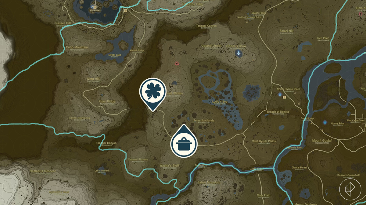 Mappa di The Legend of Zelda: Tears of the Kingdom che mostra la posizione della scuderia del ponte Tabantha // Avventura secondaria White Goats Gone Missing