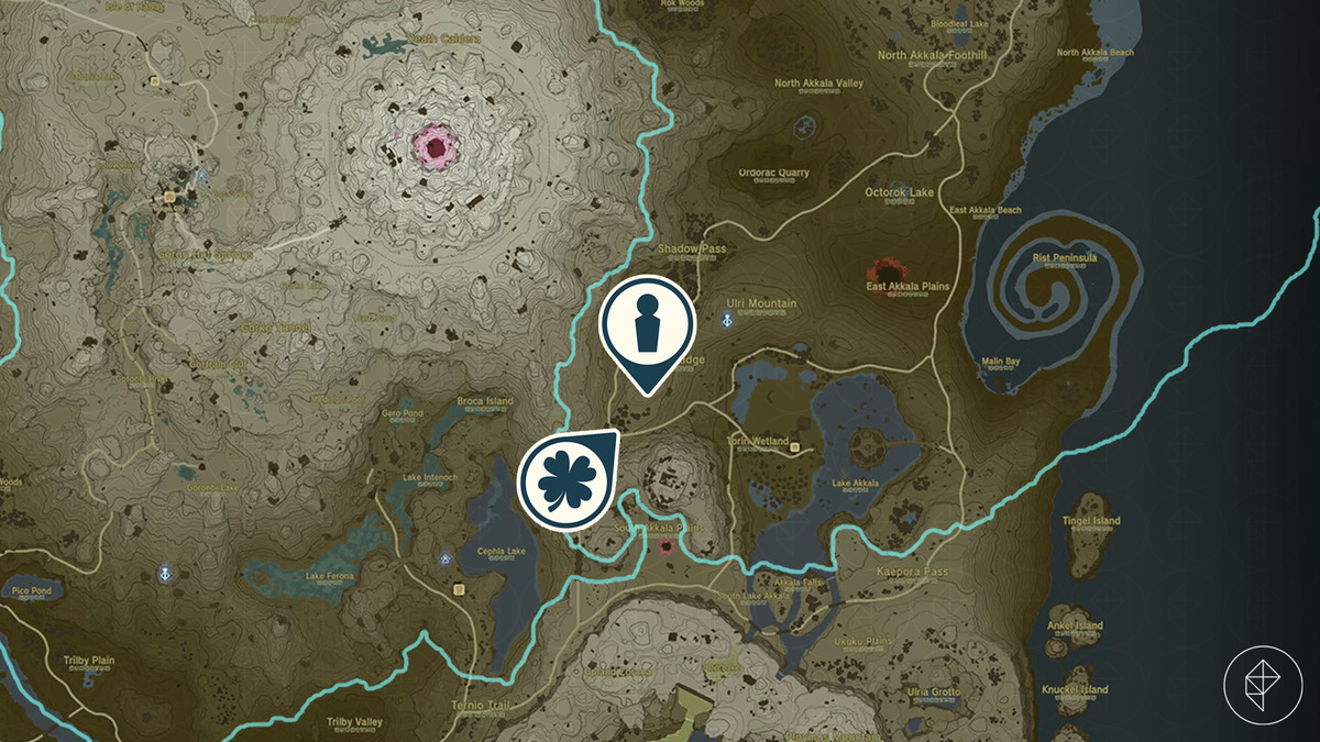 Mappa di The Legend of Zelda: Tears of the Kingdom che mostra la posizione della scuderia di South Akkala // Avventura secondaria di Cucco che fa schifo