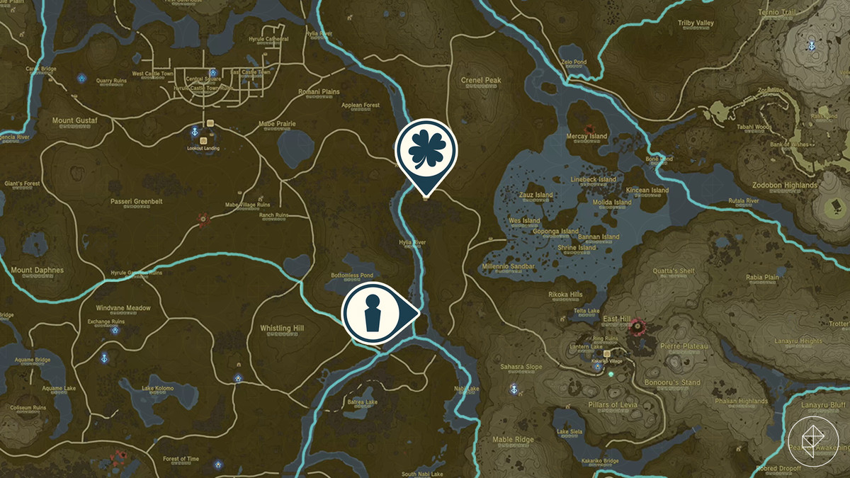 Mappa di The Legend of Zelda: Tears of the Kingdom che mostra la posizione della scuderia Wetland // Avventura secondaria The Missing Farm Tools