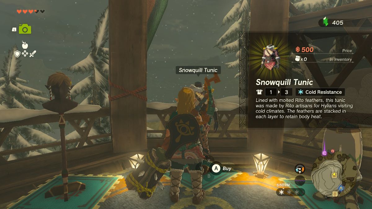 Link fissa l'armatura Snowquill nel negozio di armature del villaggio di Rito in Zelda Tears of the Kingdom.