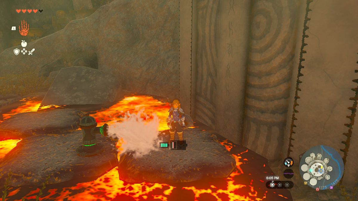 Link si trova su una piattaforma galleggiante accanto alla Zonaite Armor in Zelda Tears of the Kingdom.