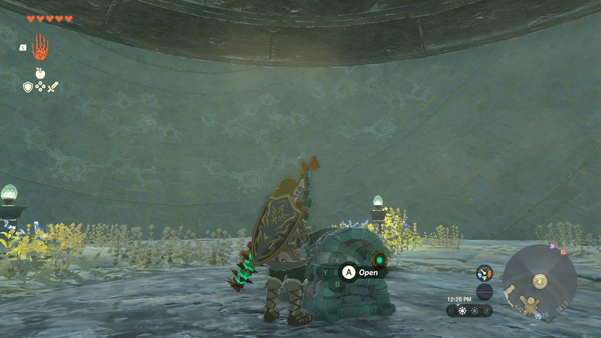 Link si trova accanto a una cassa contenente il pezzo di gambe dell'armatura Zonaite in Zelda Tears of the Kingdom.