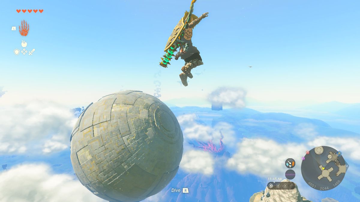 Link si libra sopra una sfera fluttuante in Zelda Tears of the Kingdom.