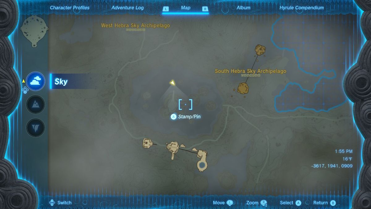 Una mappa mostra la posizione di tre isole celesti contenenti l'armatura Zonaite in Zelda Tears of the Kingdom.