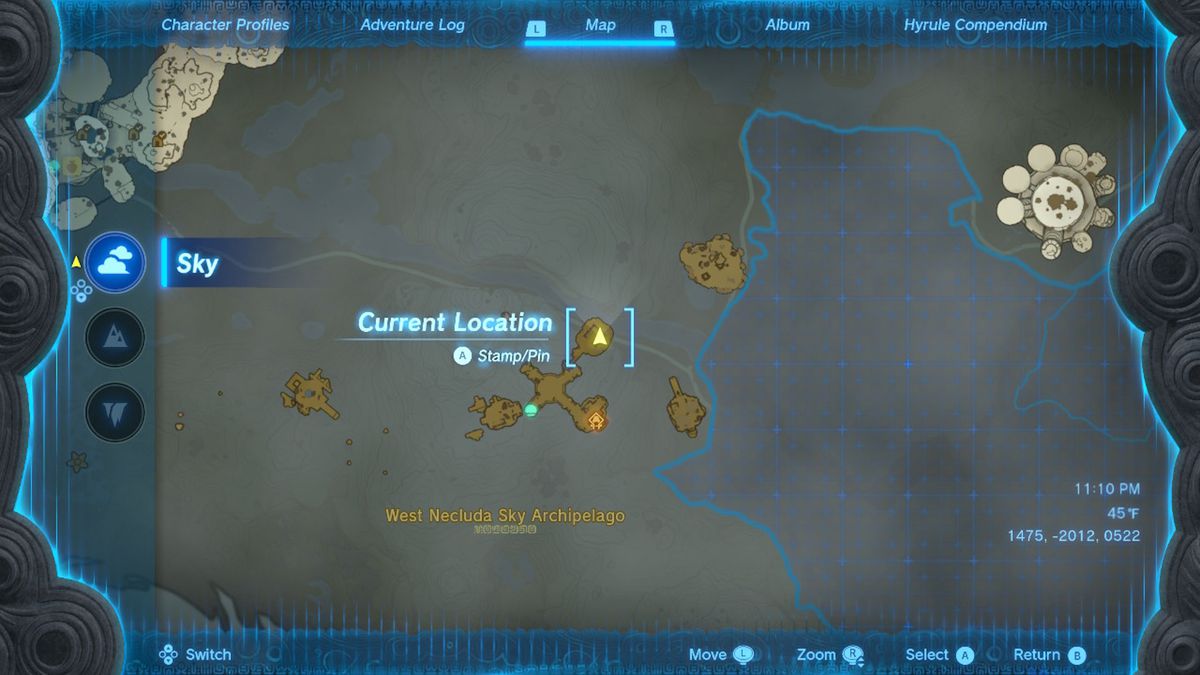 Una mappa mostra la posizione di un'isola celeste contenente l'armatura Zonaite in Zelda Tears of the Kingdom.