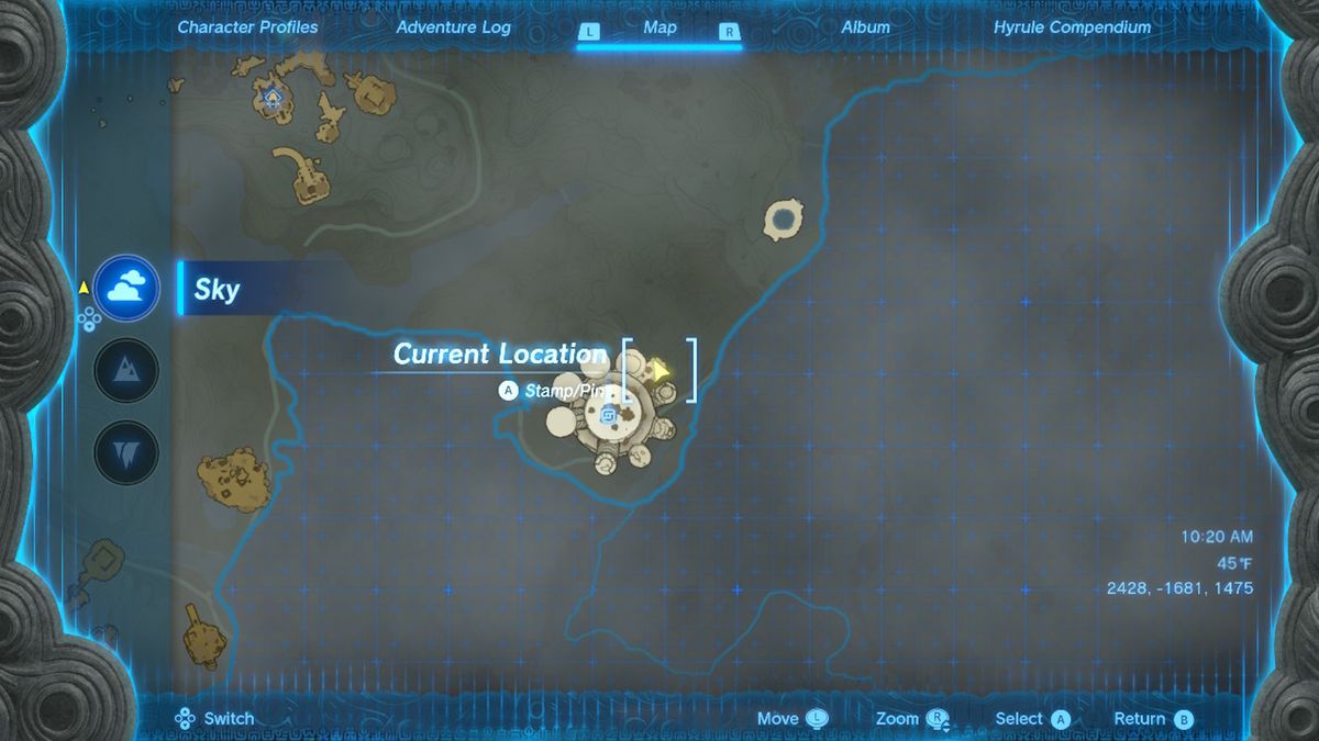 Una mappa mostra la posizione di un'isola celeste contenente l'armatura Zonaite in Zelda Tears of the Kingdom.