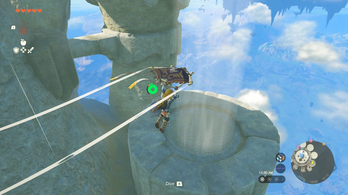 Link fa volare un parapendio in una corrente ascensionale in Zelda Tears of the Kingdom.