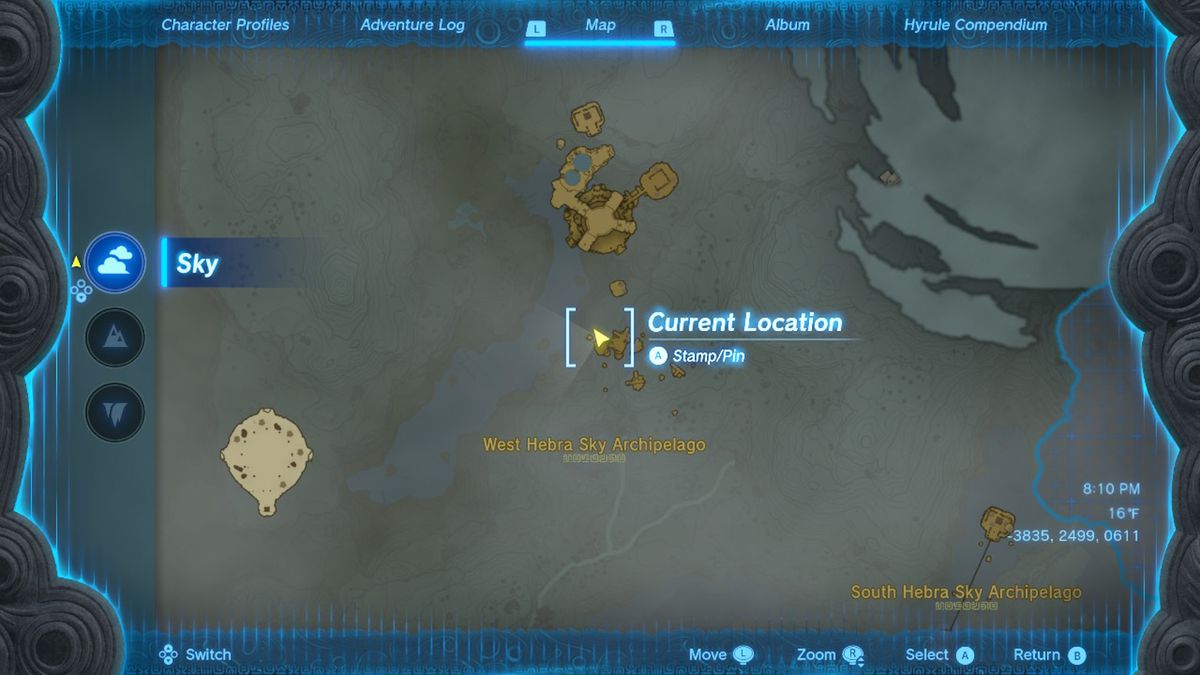 Una mappa mostra la posizione di Lightcast Island in Zelda Tears of the Kingdom.