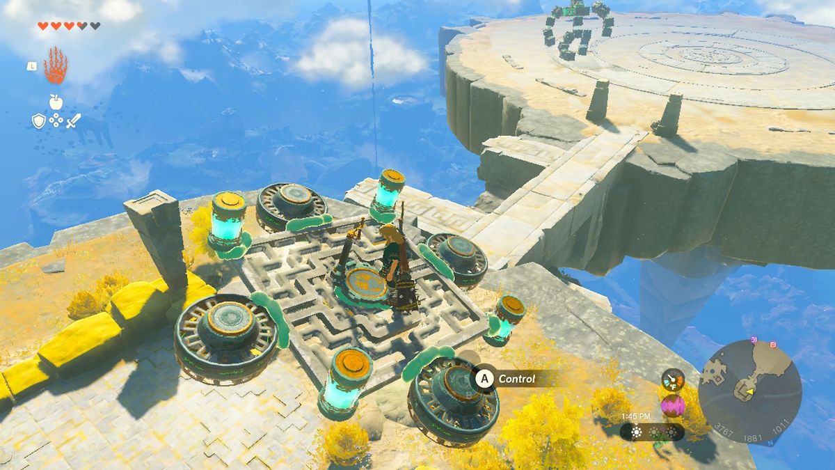 Link fa volare un aggeggio aereo sopra un'isola del cielo in Zelda Tears of the Kingdom.