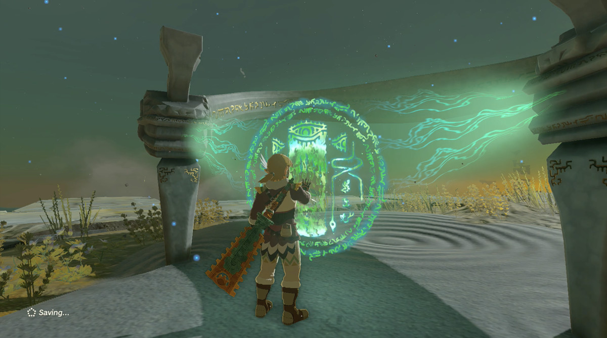 Link interagisce con un santuario usando la sua mano magica in The Legend of Zelda: Tears of the Kingdom.
