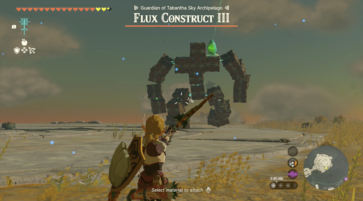Link punta una freccia contro un Flux Contruct in The Legend of Zelda: Tears of the Kingdom.  Il capo sembra un mucchio di cubi che si uniscono per formare una figura umanoide.