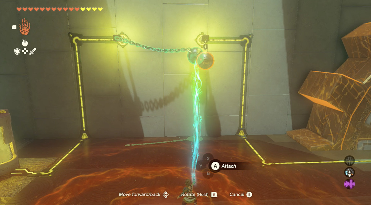 Un'immagine mostra un puzzle in The Legend of Zelda: Tears of the Kingdom.  Link sta usando Ultrahand per incollare una palla sospesa elettrificata a un'altra palla.