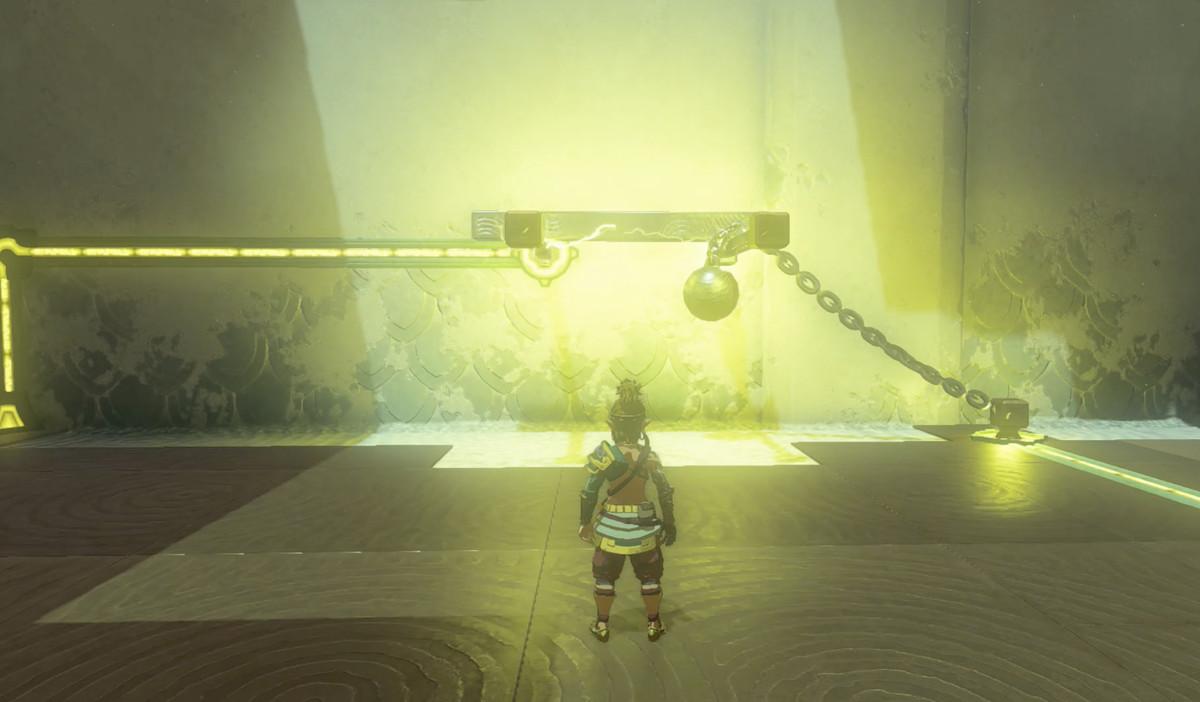 Un'immagine mostra un pilastro appoggiato su altri due pilastri in The Legend of Zelda: Tears of the Kingdom.  Il pilastro che si trova in cima consente all'elettricità di fluire tra i due.