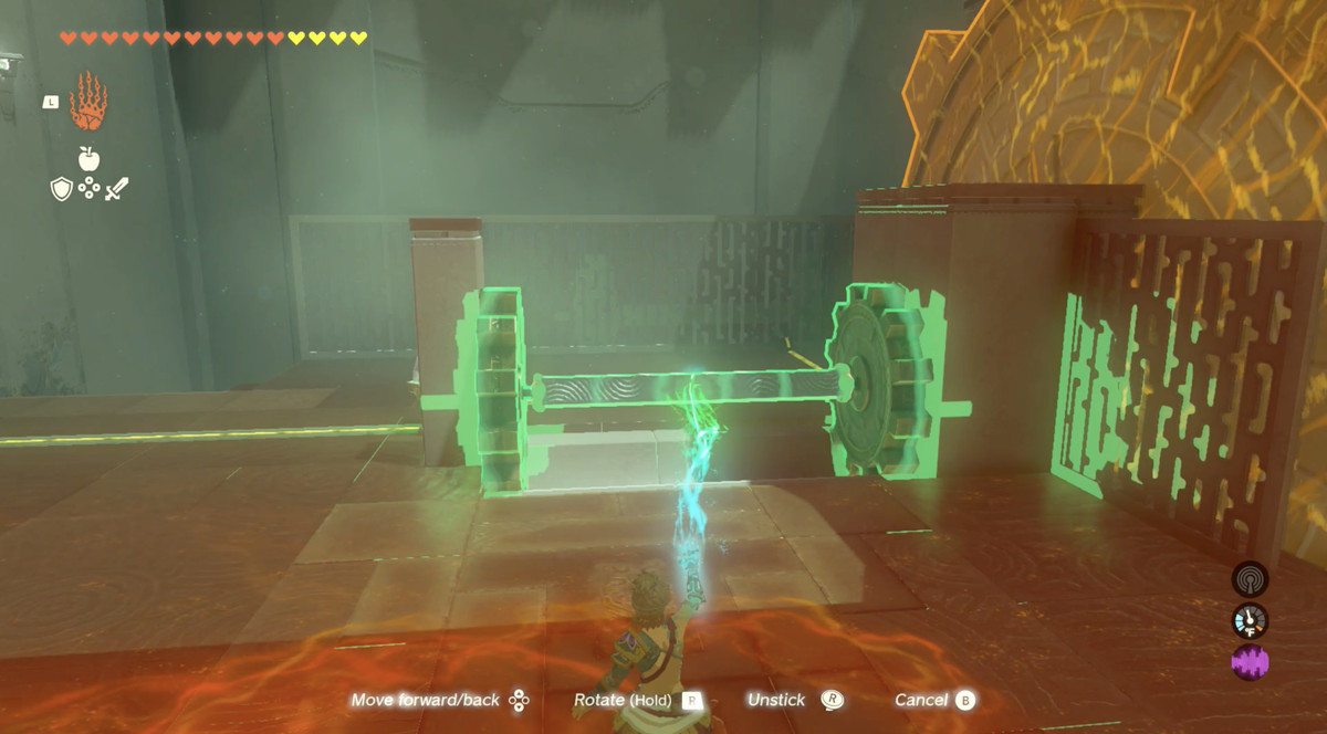 Un'immagine mostra Link che rimuove un pilastro tra due ingranaggi in The Legend of Zelda: Tears of the Kingdom.