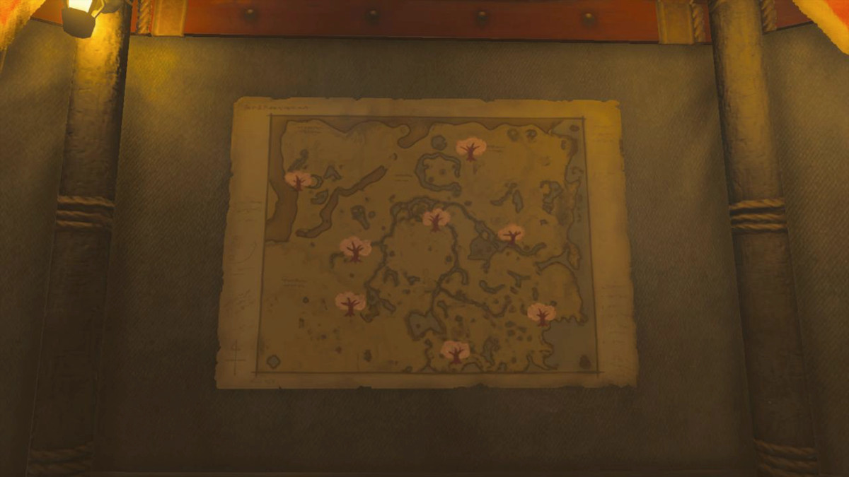 Un'immagine di una mappa all'interno del gioco di The Legend of Zelda: Tears of the Kingdom.  È appeso al muro di una stalla e mostra la posizione degli alberi di ciliegio in tutta Hyrule.
