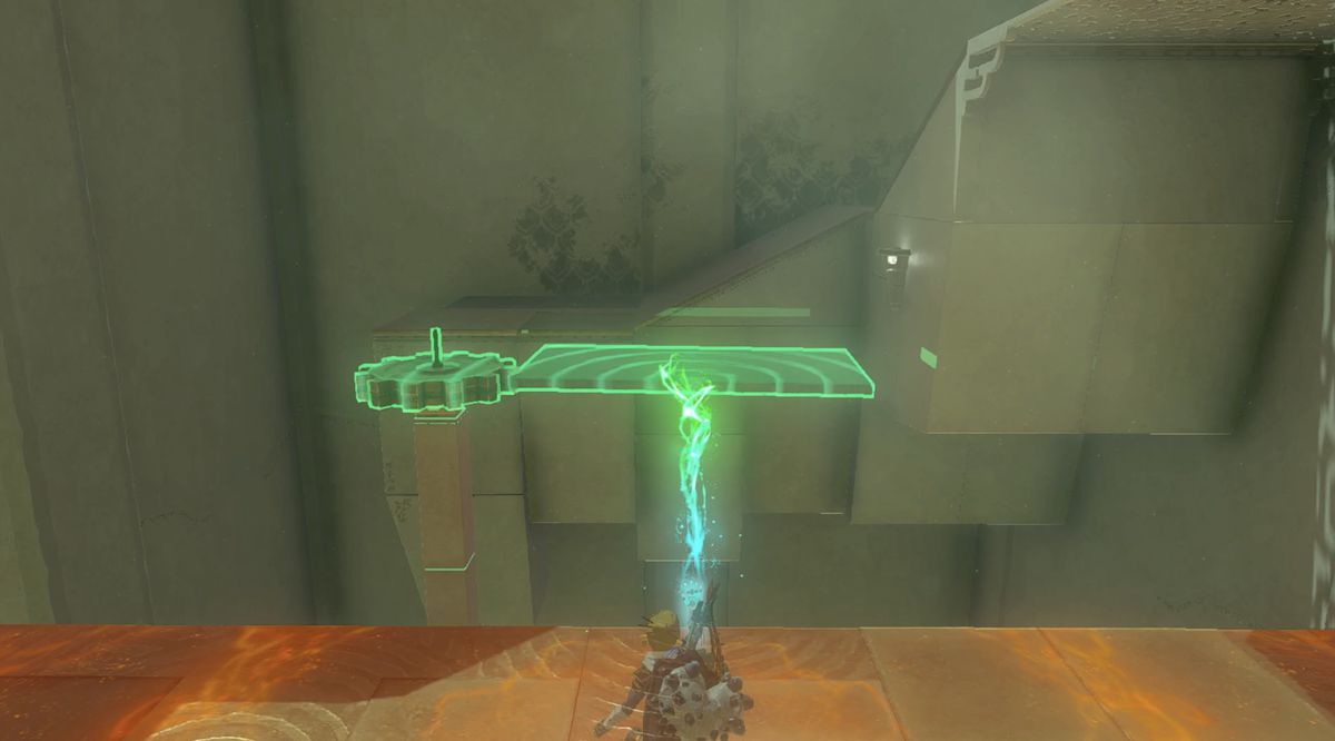 Procedura dettagliata del Santuario Kitawak in Zelda Tears of the Kingdom: Link attacca una lastra di pietra a un ingranaggio