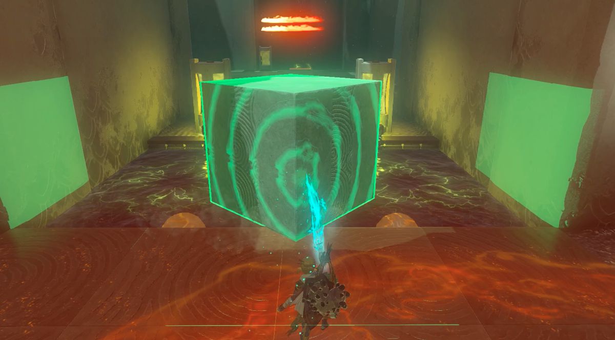 Link solleva un masso di pietra nella sfida del fuoco e dell'acqua del santuario di Tadarok in Zelda: Tears of the Kingdom