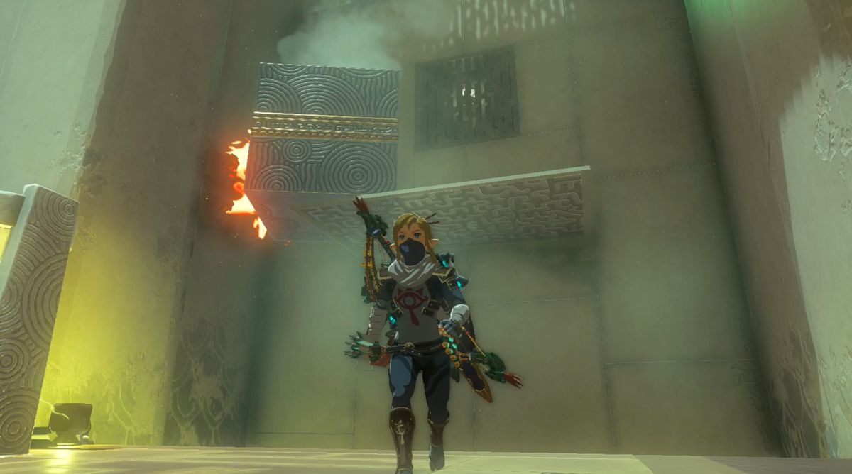 Link blocca il fuoco con la pietra nella sfida Tadarok Shrine Fire and Water in Zelda: Tears of the Kingdom