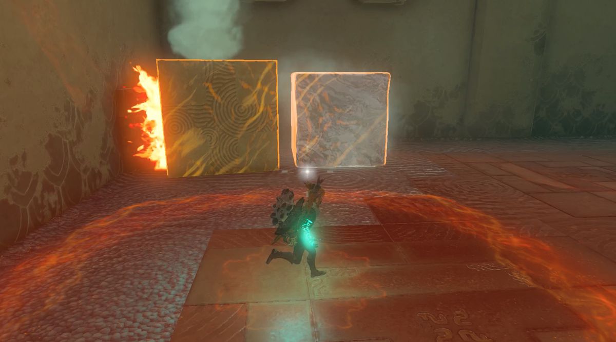 Link blocca gli incendi con un cubo di pietra per salvare il ghiaccio nella sfida Tadarok Shrine Fire and Water in Zelda: Tears of the Kingdom
