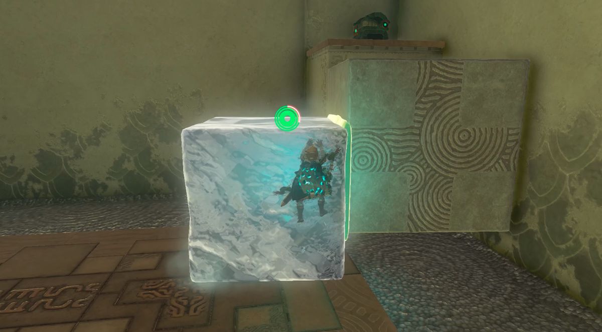 Link usa un cubetto di ghiaccio nella sfida Tadarok Shrine Fire and Water in Zelda: Tears of the Kingdom