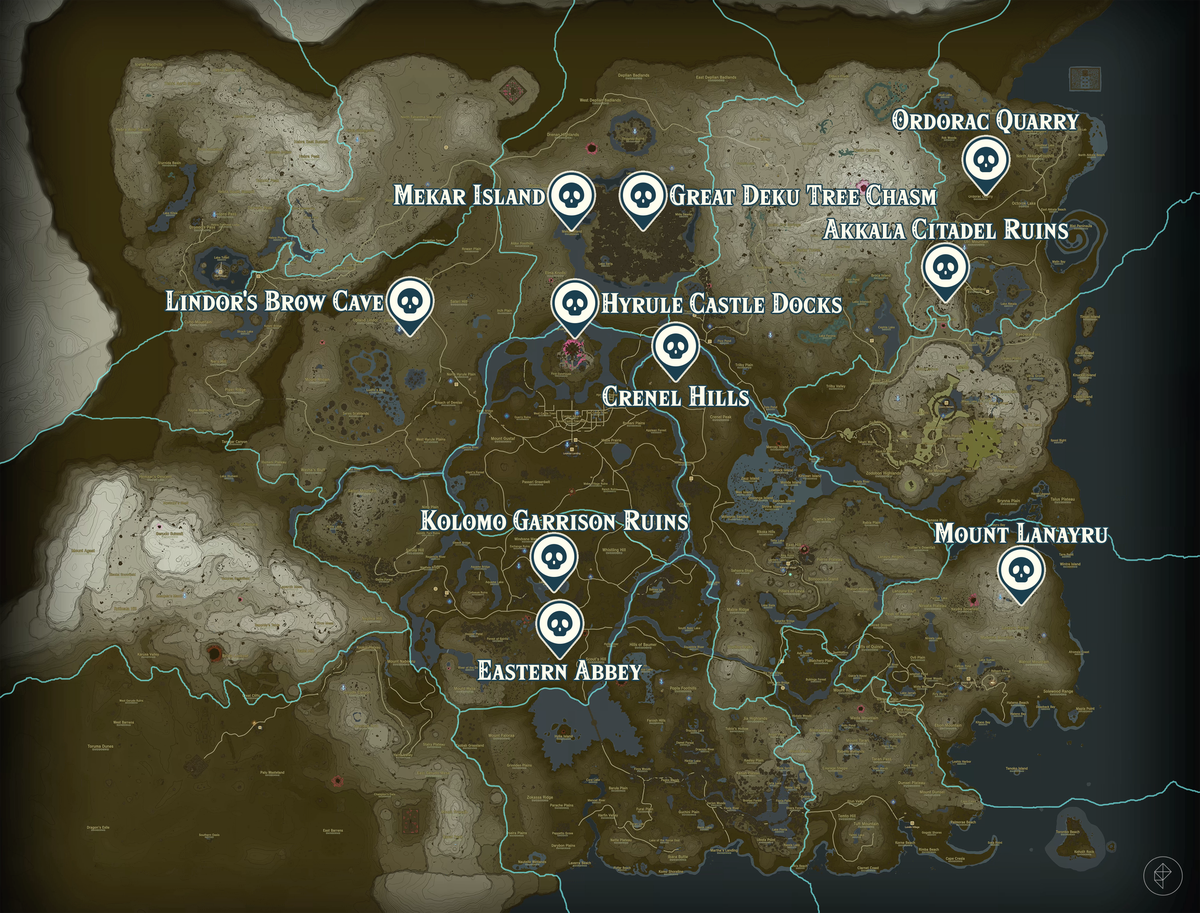 Una mappa annotata mostra le posizioni di Gloom Hands in The Legend of Zelda: Tears of the Kingdom.