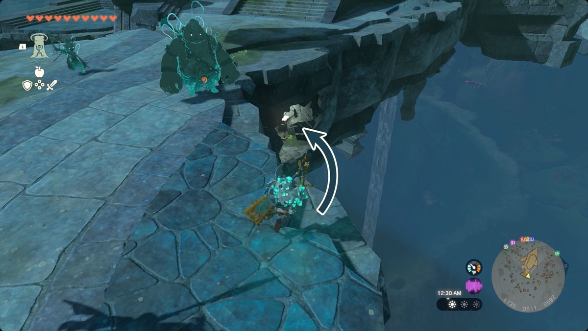 The Legend of Zelda: Tears of the Kingdom Link in piedi sull'Isola delle Scaglie Galleggianti osserva la caverna che nasconde l'Elmo di Zora.