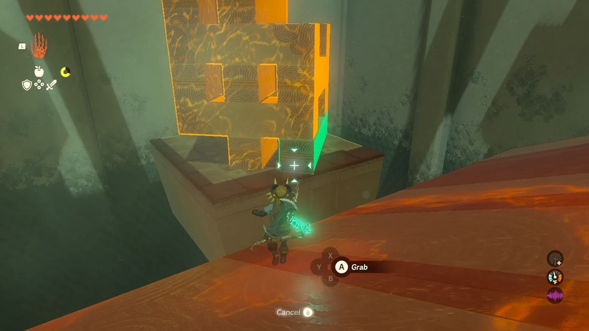 Link usa Ultrand per estrarre un blocco dal fondo di una torre in Zelda: Tears of the Kingdom