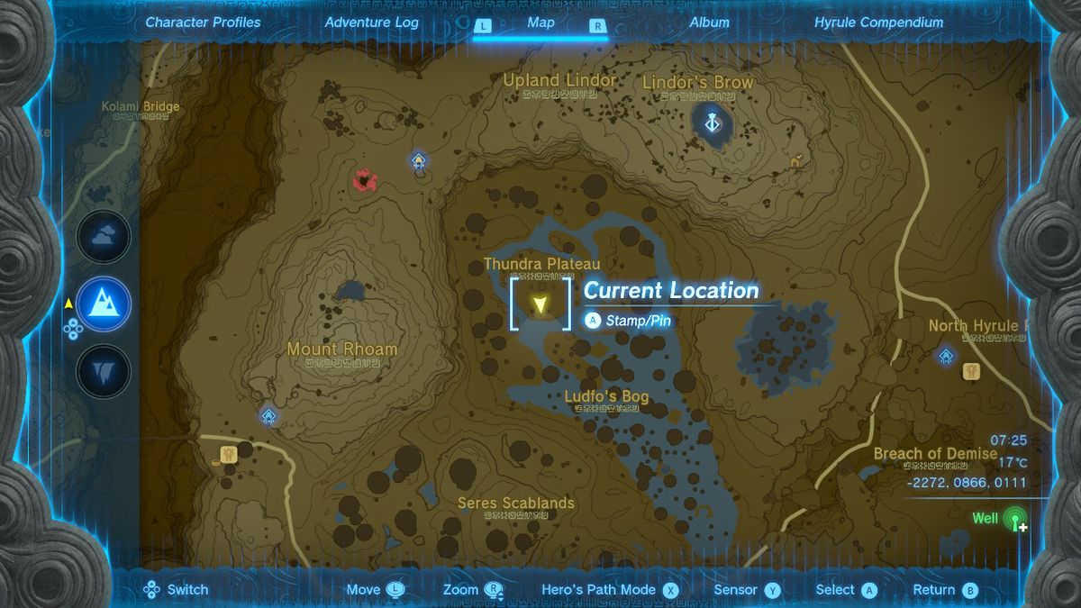 Una mappa mostra la posizione del copricapo dell'armatura del risveglio in Zelda Tears of the Kingdom.