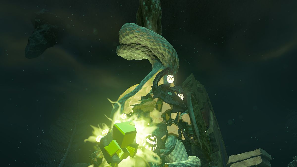 Link indossa l'armatura del minatore nelle profondità, in piedi di guardia con il suo scudo e una verga di topazio in Zelda: Tears of the Kingdom