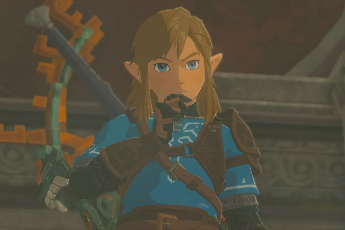 Link sembra confuso mentre indossa la Tuta da Campione in Zelda Tears of the Kingdom.