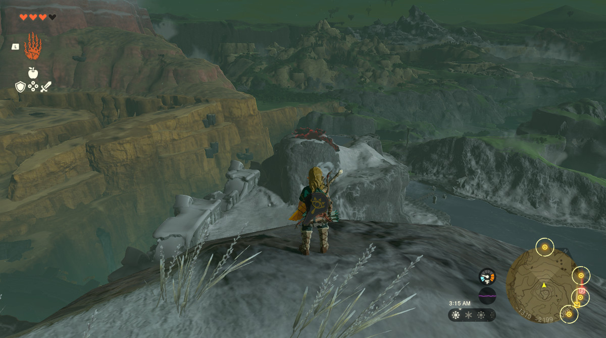 Link scala una montagna innevata durante A Call From the Depths in Zelda Tears of the Kingdom.