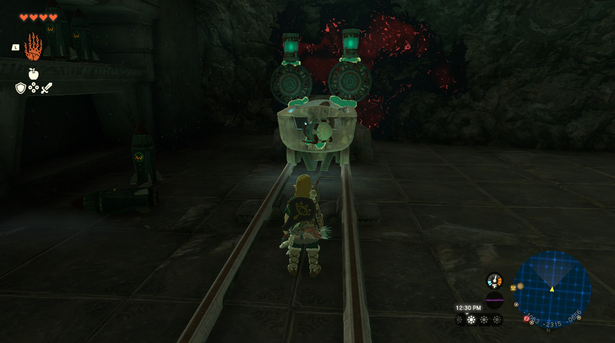 Link crea una miniera alimentata dai fan nelle Profondità in Zelda Tears of the Kingdom.