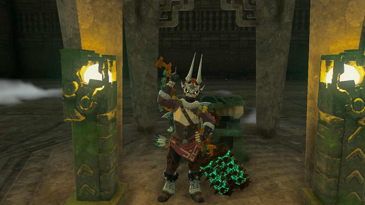 Link posa mentre indossa la maschera dello spirito malvagio