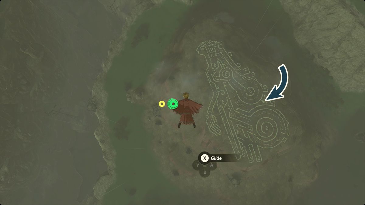 The Legend of Zelda: Tears of the Kingdom Link che vola vicino al geoglifo di Zelda e Sonia con la posizione di Tear of the Dragon contrassegnata.