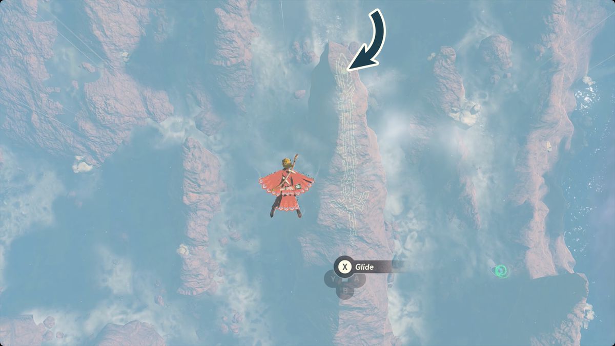 The Legend of Zelda: Tears of the Kingdom Link che vola vicino al geoglifo Voto dei Saggi con la posizione di Lacrima del Drago contrassegnata.