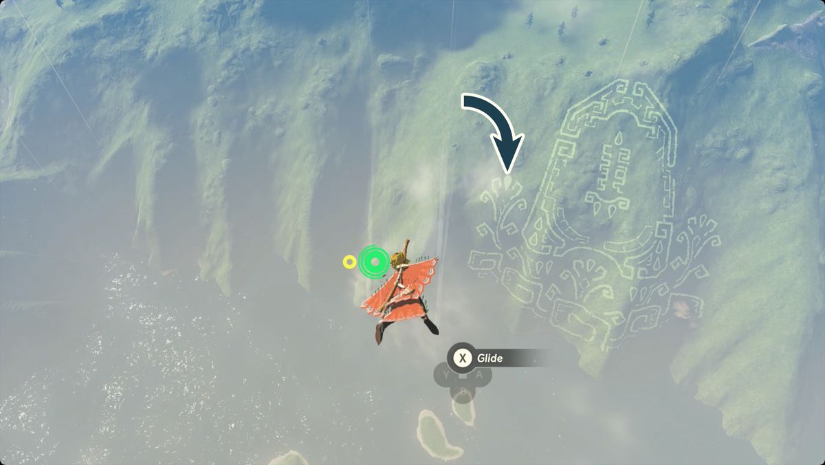 The Legend of Zelda: Tears of the Kingdom Link che vola vicino al geoglifo Voto dei Saggi con la posizione di Lacrima del Drago contrassegnata.