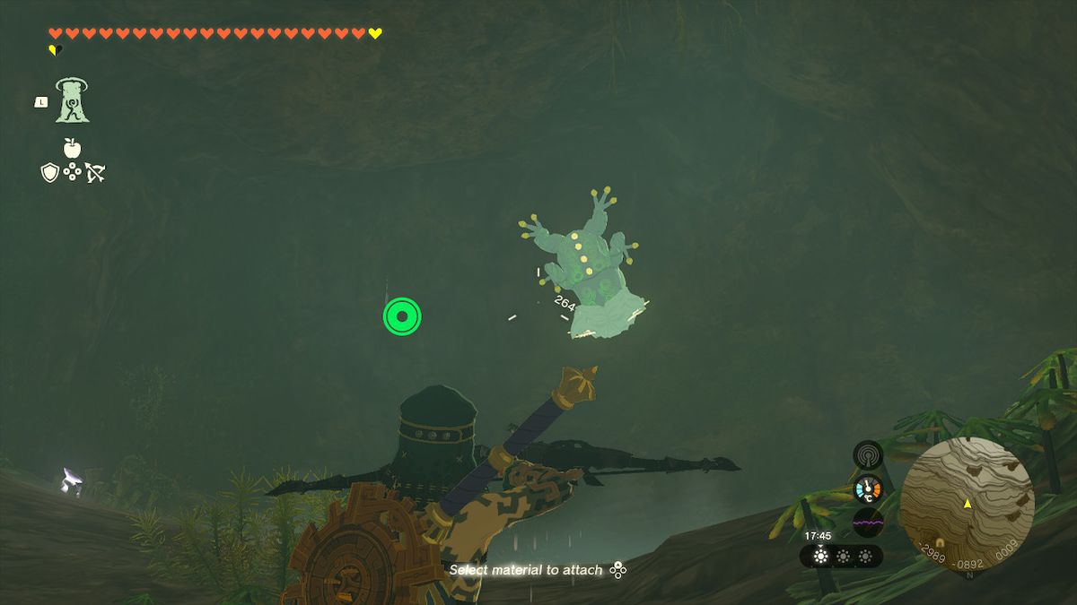 Link punta un arco contro una rana bubbul nella grotta a valle del fiume Tamio in Zelda Tears of the Kingdom.