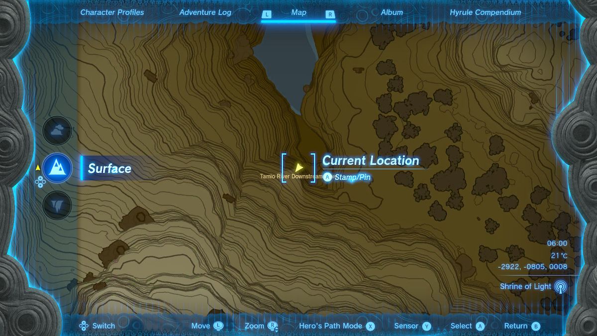 Una mappa mostra la posizione della grotta a valle del fiume Tamio in Zelda Tears of the Kingdom.