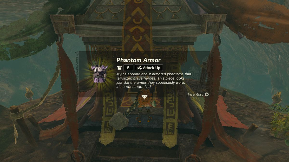 Link apre una cassa contenente il pezzo del petto dell'armatura fantasma in Zelda Tears of the Kingdom.