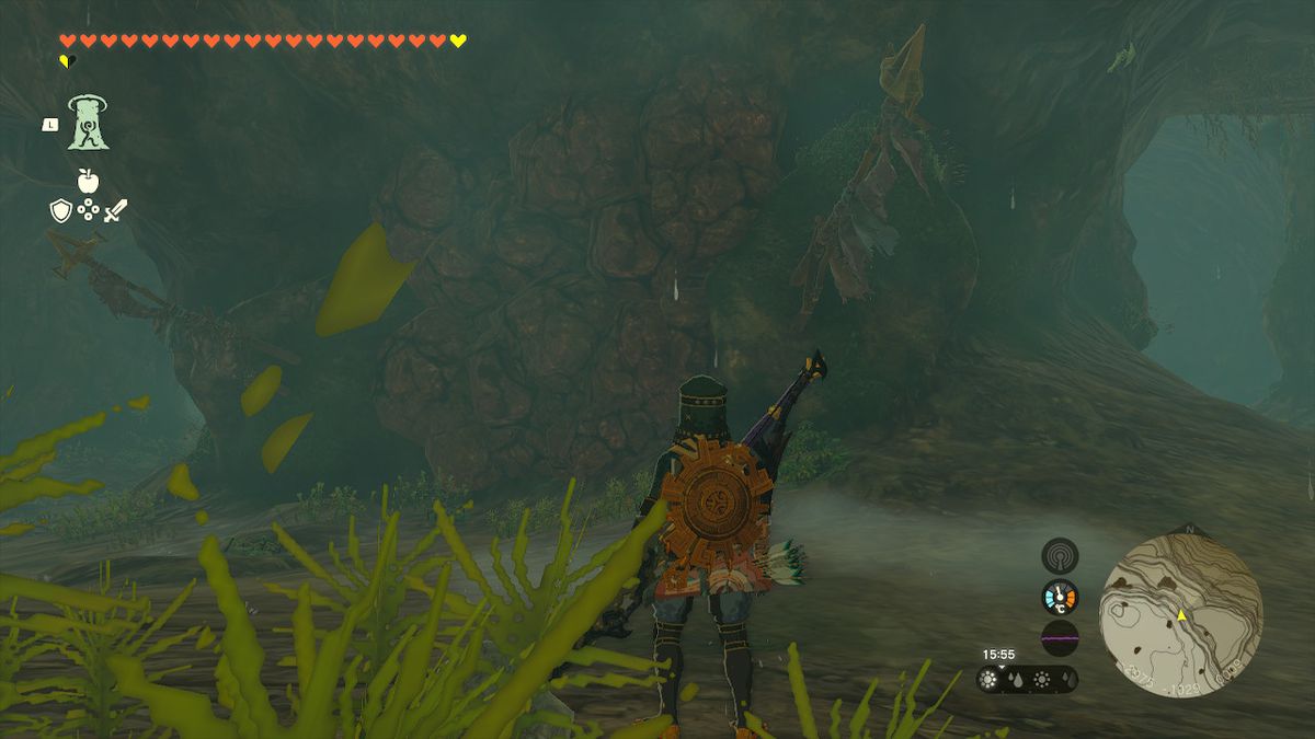 Link fissa un passaggio bloccato da una roccia fatiscente in Zelda Tears of the Kingdom.