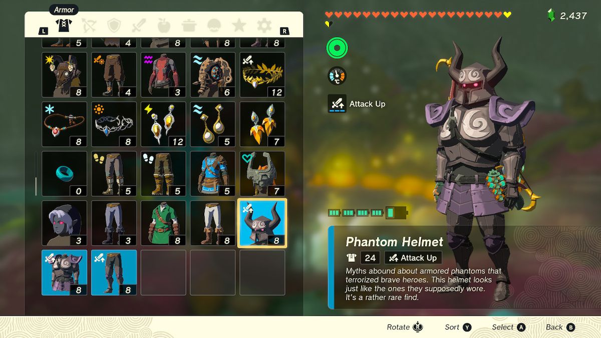 Un menu mostra Link che indossa l'armatura fantasma completa ambientata in Zelda Tears of the Kingdom.