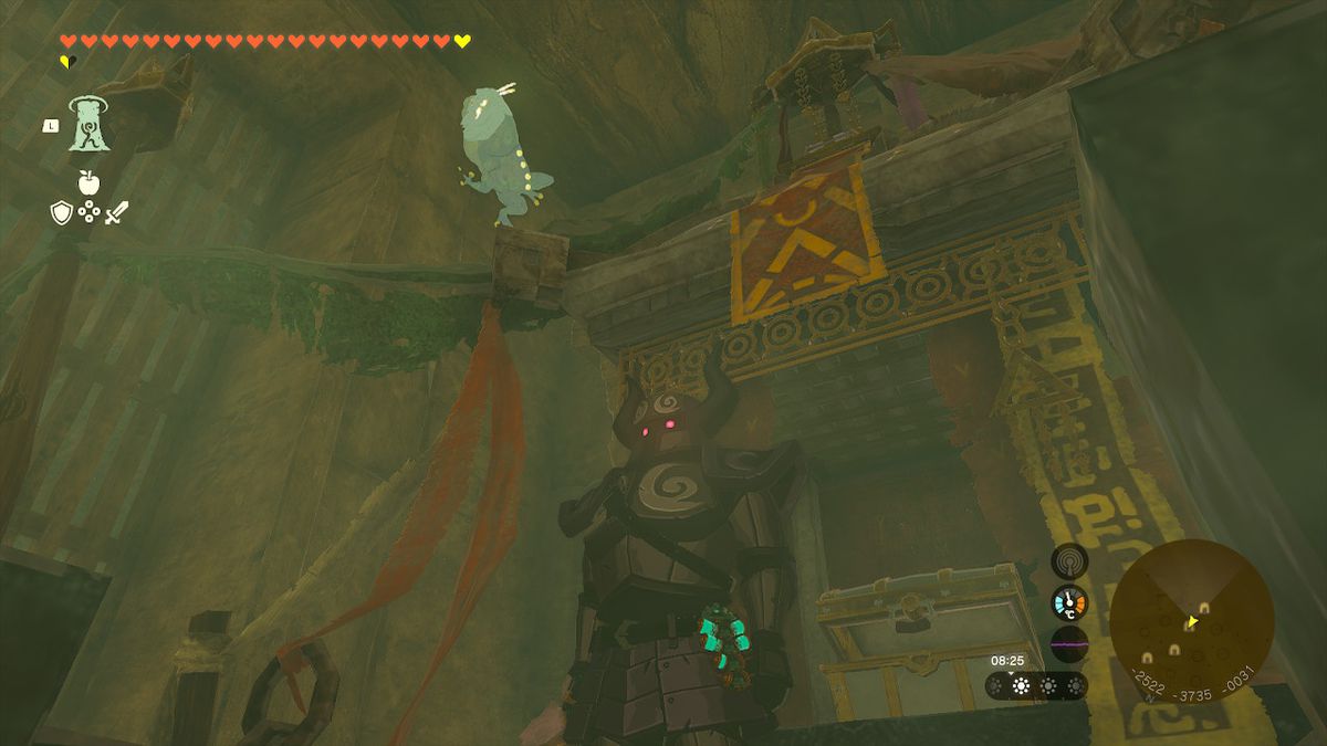 Link, che indossa l'armatura fantasma completa, si trova sotto una rana bubbul in Zelda Tears of the Kingdom.