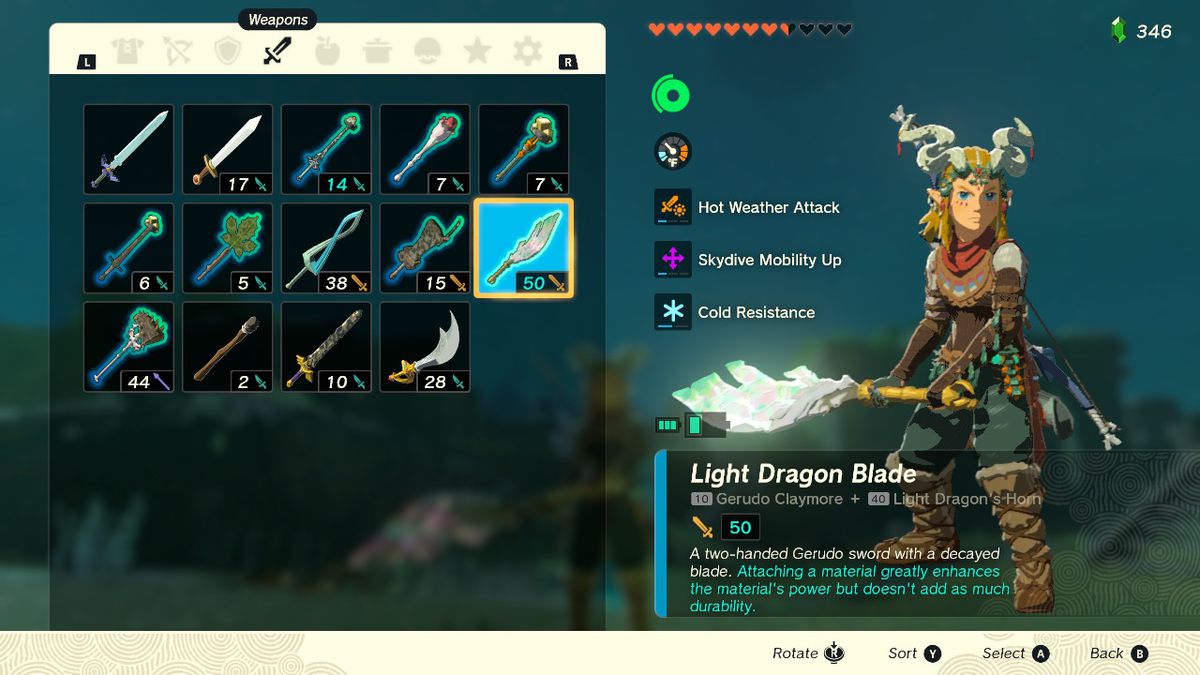 Uno screenshot della schermata dell'inventario delle armi in Zelda: Tears of the Kingdom, che mostra Link con una Light Dragon Blade dopo aver usato la combinazione di un'arma con un corno di drago