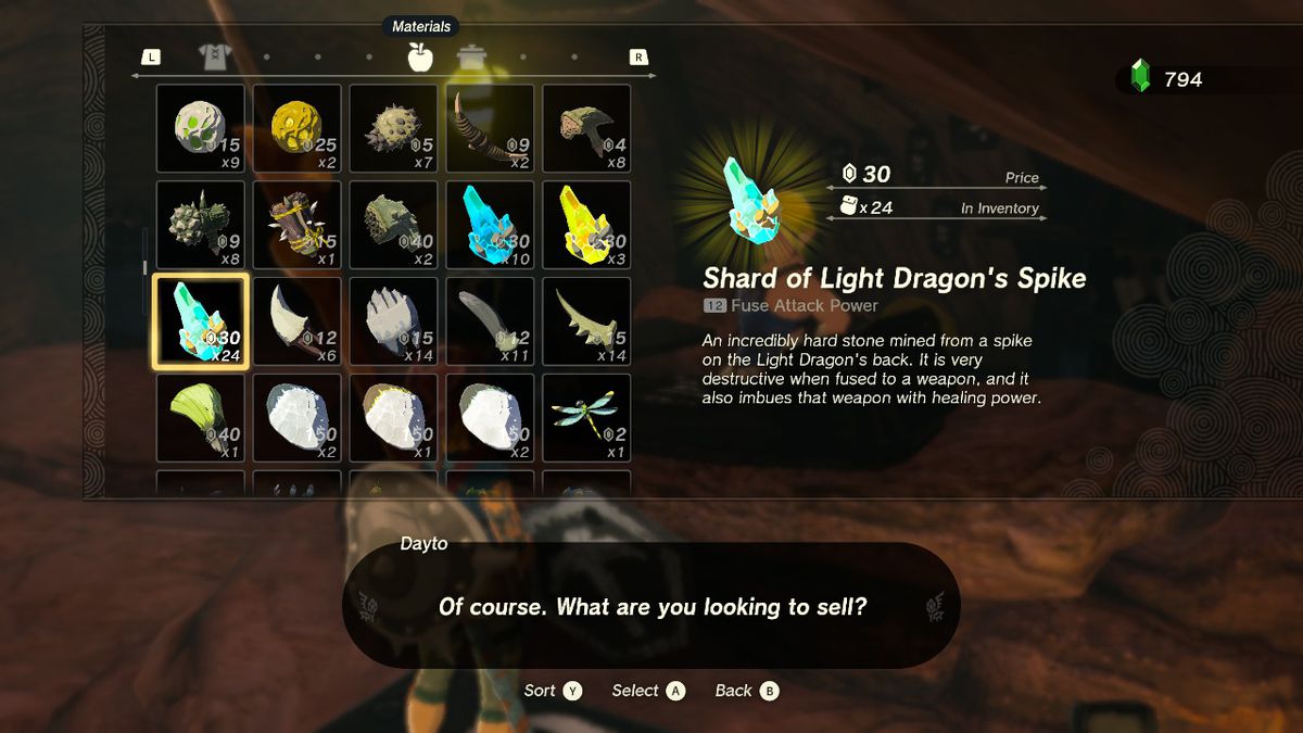 Una schermata del commerciante che evidenzia la punta del frammento del drago di luce in Zelda: Tears of the Kingdom
